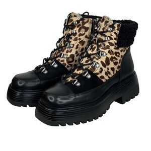 Vince Camuto Mertami Combat Lace Up Boot Black Brown Leopard Leather Cow Fur NEW